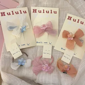 Douces Pinces à Cheveux Nœud de Fleur en Mousseline pour Filles Nœud en Tissu Résille Barrette Bec de Canard Élastique à Cheveux Enfants Accessoires de Cheveux