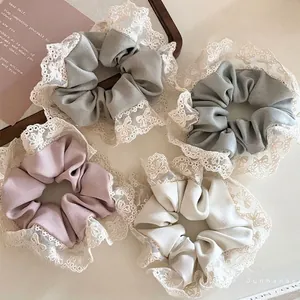 Chouchous Vintage Français Avec Bordure En Dentelle Pour Femmes Grands Attaches De Cheveux En Tissu Bandes Élastiques Accessoires De Coiffure Élégants Couleur Unie