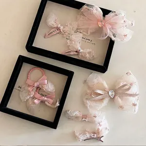Sweet Pink Lace Mesh Bowknot Hair Clip Rhinestone Embroidery Hair Accessory For Women Girls Romantic Elegant Hair Ties