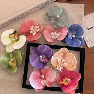 Barrettes à cheveux élégantes fleurs d'orchidée multicolores avec perles en nature morte