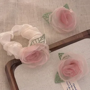 Süßer Französischer Stil 3D Stoff Rose Blume Haarclip Scrunchie Handgefertigte Kamelie Floral Haarschmuck Für Damen Fotografie Alltag