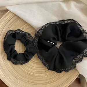 French Romantic Black Lace Edge Pleated Satin Scrunchie Large Vintage Gentle Hair Tie For Women Elegant Hair Accessories
