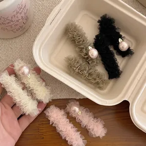 Eleganter Plissierter Netz Haarklammer Mit Kunstperle Weiche Gaze BB Clip Süßer Feenstil Haarnadel Für Damen Alltag Zubehör