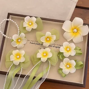 Tropical Plumeria Flower Hair Clip Set With Faux Artificial Pearl Green Satin Ribbon Summer Beach Vacation Hair Accessories For Women