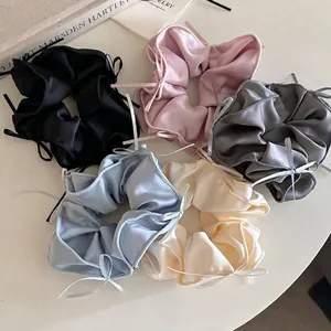Chouchou Élégant en Ruban de Satin Couleur Unie Élastique à Cheveux Plissé Grand Anneau de Cheveux pour Femmes