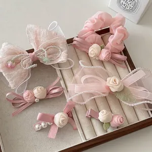 Ensemble Pince à Cheveux et Choucou Rose Style Chinois Fleur en Tissu Nœud Barrette avec Künstliche Perles pour Femme Accessoires