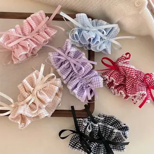 Plaid Ribbon Bow Scrunchies Ruffled Fabric Hair Ties With Lace Edge Sweet Lolita Style Hair Accessories For Women Girls