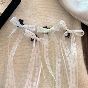 Sweet Lace Bow Hair Clip With Long Satin Ribbon Tassel Fashion Handmade Hairpin For Women Daily Party Hair Accessories