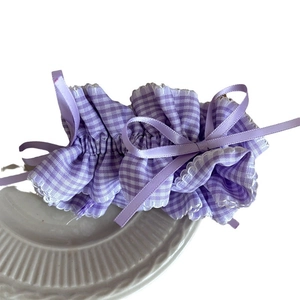 Pastel lavender plaid hair scrunchie with lace edge and satin ribbon bow accessory