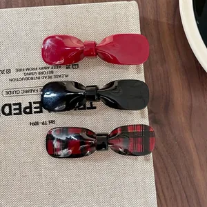 Fermaglio per Capelli a Fiocco in Acetato Minimalista a Quadri Becco d'Anatra Donna Rosso Nero Moda Stile Ins Accessori per Capelli