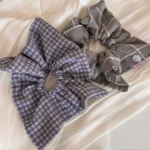 Vintage Plaid Scrunchies For Women Large Fabric Hair Ties Retro Checkered Ponytail Holder Handmade Bow Hair Accessories