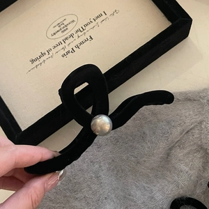 Elegant black flocked hair claw clip with silver pearl detail for women stylish hair accessory