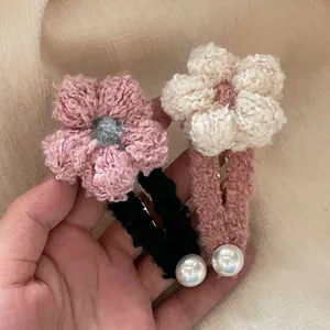 Pinza de Pelo de Flor de Ganchillo Hecha a Mano Con Imitación de Perla Artificial Para Mujeres Niñas Dulce Horquilla Floral de Hilo de Lana