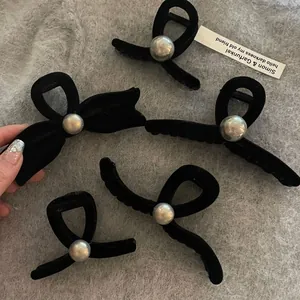 Vintage Black Flocking Hair Claw Clip Elegant Faux Artificial Pearl Bowknot Shark Clip Large Fashion Hair Accessories For Women Office