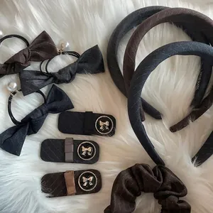 Vintage Stripe Fabric Hair Accessories Set With Faux Artificial Pearl Rhinestone Bow Hair Clips Headbands Hair Ties For Women Jewelry