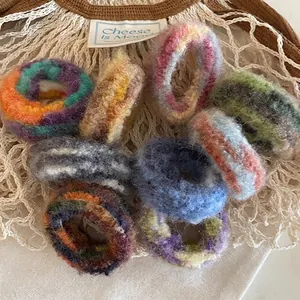 Handmade Mohair Texture Ombre Hair Ties For Women Elastic Woolen Yarn Seamless Scrunchies Knit Colorful Textured Ponytail Holder