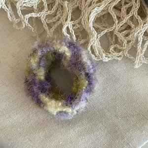 Fuzzy mohair gradient scrunchie in purple and green for high ponytail hairstyles