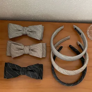 Handmade Herringbone Fabric Bow Hair Clip Headband Vintage Gray Striped Hair Accessories Elegant Headwear For Women Daily Office