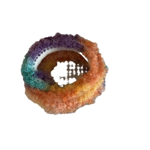 Fuzzy mohair rainbow hair tie with soft faux fur texture and seamless elastic design