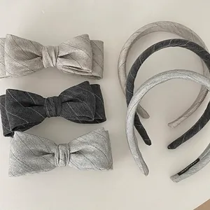 Grey herringbone bow hairclip and padded headband set with handmade fabric texture