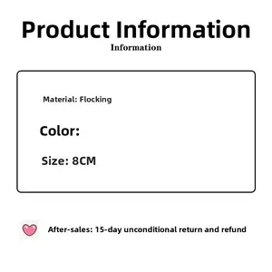 Detail specifications card showing 8cm flocked material cloud hair clip features