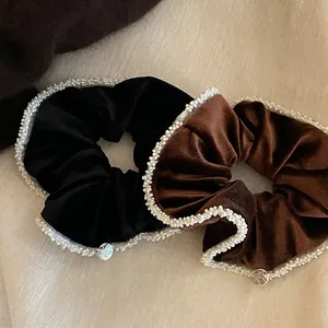 Retro Velvet Artificial Pearl Hair Scrunchies Elastic Hair Ties With Metal Tag Elegant Hair Bands For Women Daily Party Accessories
