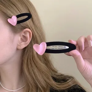Vintage Heart Rhinestone Hair Clip Set For Women Flocking Resin BB Clip Sweet Jelly Pink Hair Pin Daily Hair Accessories