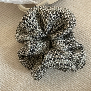 French vintage tweed hair scrunchie with elegant black and grey plaid woven pattern