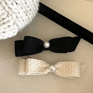 Elegant Tweed Bow Hair Clip With Faux Artificial Pearl Vintage Fabric French Hairpin For Women Daily Fashion Hair Accessories