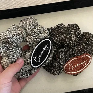 Vintage Tweed Woven Large Scrunchie For Women Retro Cloth Hair Tie With Embroidered Patch Elastic Handmade Hair Accessories