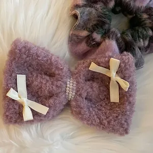 Pince à Cheveux Nœud en Peluche Violette Laine d'Agneau Fausse Künstliche Perle Chouchou Cheveux Doux Pour Femmes Filles Accessoires