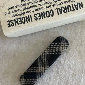 Chic checkered plaid fabric rectangle hair clip in navy blue and beige color