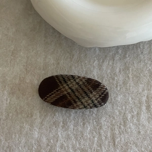Classic plaid fabric oval hair clip in retro brown and beige tones for women