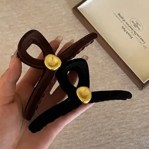 Women Elegant Black Flocking Hair Claw Clip With Gold Metal Piece Large Shark Clip Retro Hair Accessory For Thick Hair