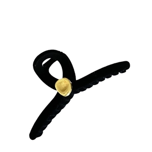 Elegant black flocked shark hair claw clip with irregular gold metal leaf embellishment