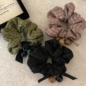 Vintage Tweed Bow Scrunchies With Double Beads Elegant Fabric Ponytail Hair Tie Lazy Style Hair Accessories For Women