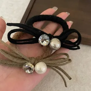 Élégants Chouchous à Nœuds en Laine Tricotée Bandeaux Künstliche Perles et Strass Élastique Support de Queue de Cheval Bijoux de Cheveux