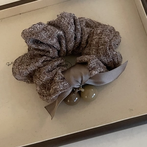 Brown tweed scrunchie hair tie with satin bow and amber bead charms for women