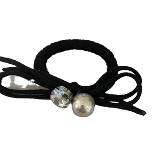 Élastique noir avec nœud en cristal et perle pour accessoires cheveux femme