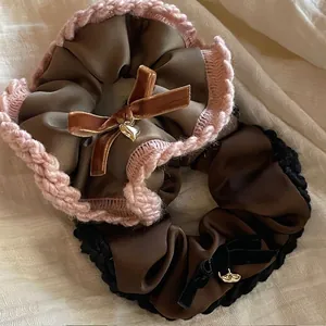 Women Sweet Bow Knot Satin Scrunchies Knitted Contrast Color Hair Ties With Heart Pendant Artificial Pearl Elastic Hair Bands Elegant Fashion Hair Accessories