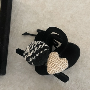 Retro hair scrunchies with beige knitted heart and houndstooth pattern design