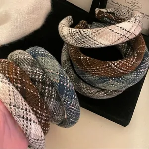 Preppy Plaid Sponge Headband For Women Tweed Fabric Wide Hair Band High Cranial Top Sweet Versatile Hair Accessory