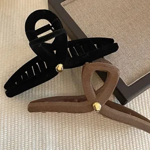 Large Flocking Shark Hair Clip For Women Elegant Black Khaki Matte Hair Claw With Gold Bead Decoration Thick Hair Styling Tool