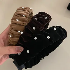 Vintage Velvet Ruffled Headband For Women Rhinestone Embellished Puffy Hair Hoop Elegant Cloud Fabric Hair Accessories
