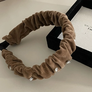 Vintage brown velvet pleated headband with sparkling rhinestones for autumn winter