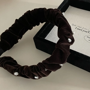 Brown velvet pleated headband with rhinestones and vintage ruffles for women