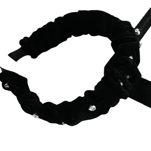 Elegant black velvet pleated headband for women featuring sparkling silver rhinestones