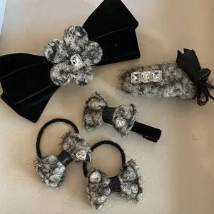 Women Winter Plush Bow Hair Clip Elegant Rhinestone Tweed Fabric Duckbill Clip Small Hair Claw Accessory For Daily Work