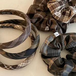 Vintage Plaid Fabric Hair Scrunchie Large Checkered Hair Ties For Women Retro Brown Khaki Daily Commute Hair Accessories