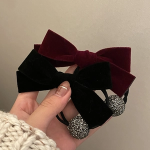 Velvet bow hair scrunchies in black and burgundy with crystal ball charms